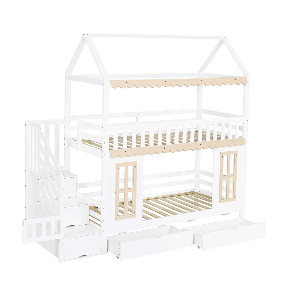 Lit superposé maison avec rangements blanc naturel 90x200 cm
