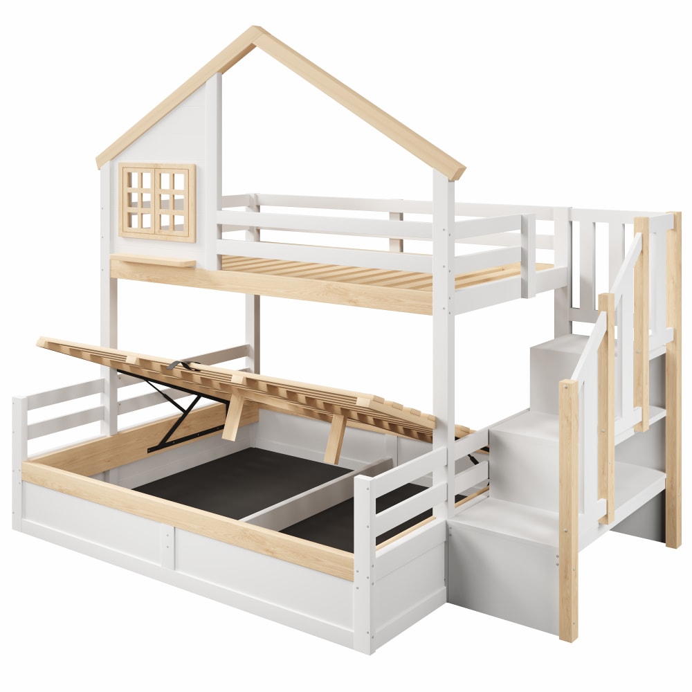 Etagenbett Haus mit Hydraulikstauraum weiß natur 90x200 cm