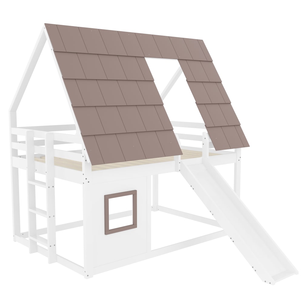 Lit superposé maison avec toit et toboggan blanc brun 140x200 cm