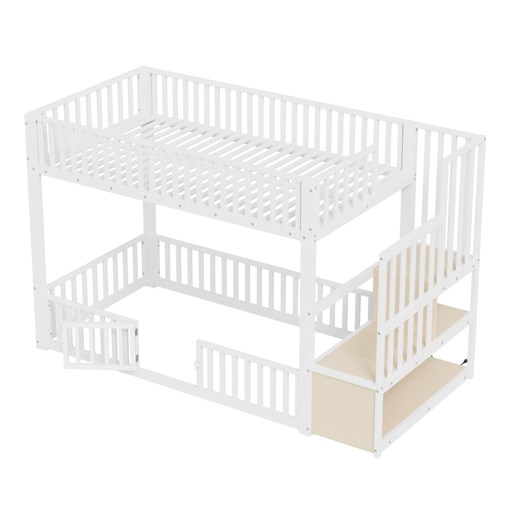 ComfortXL Niedriges Etagenbett LED mit Stauraumtreppe weiß 90x200 cm Metall Baby