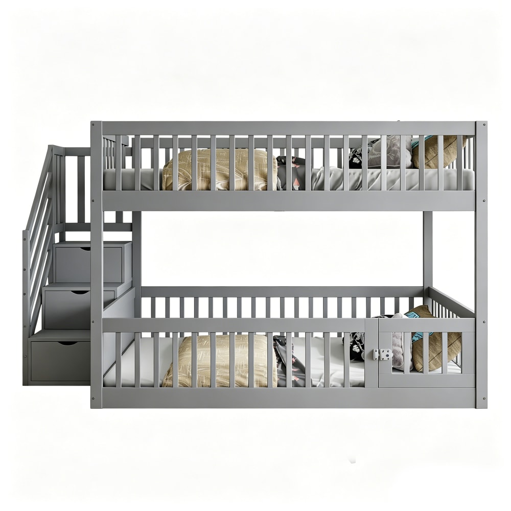 Niedriges Etagenbett mit Treppenschubladen grau 140x200 cm -