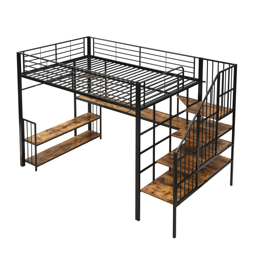 Lit mezzanine rangement chargeur noir noyer foncé 120x200 cm