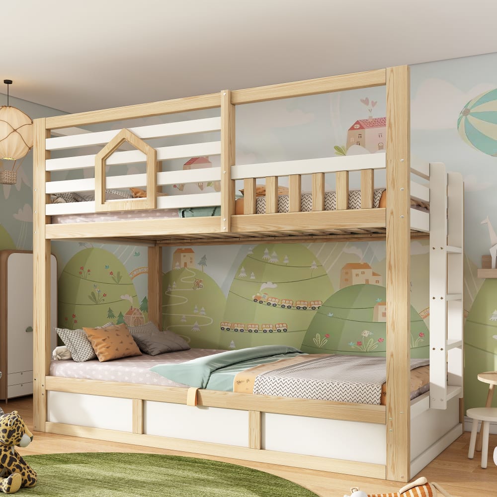 Etagenbett Hütte mit Hydraulikstauraum weiß Eiche 90x200 cm -