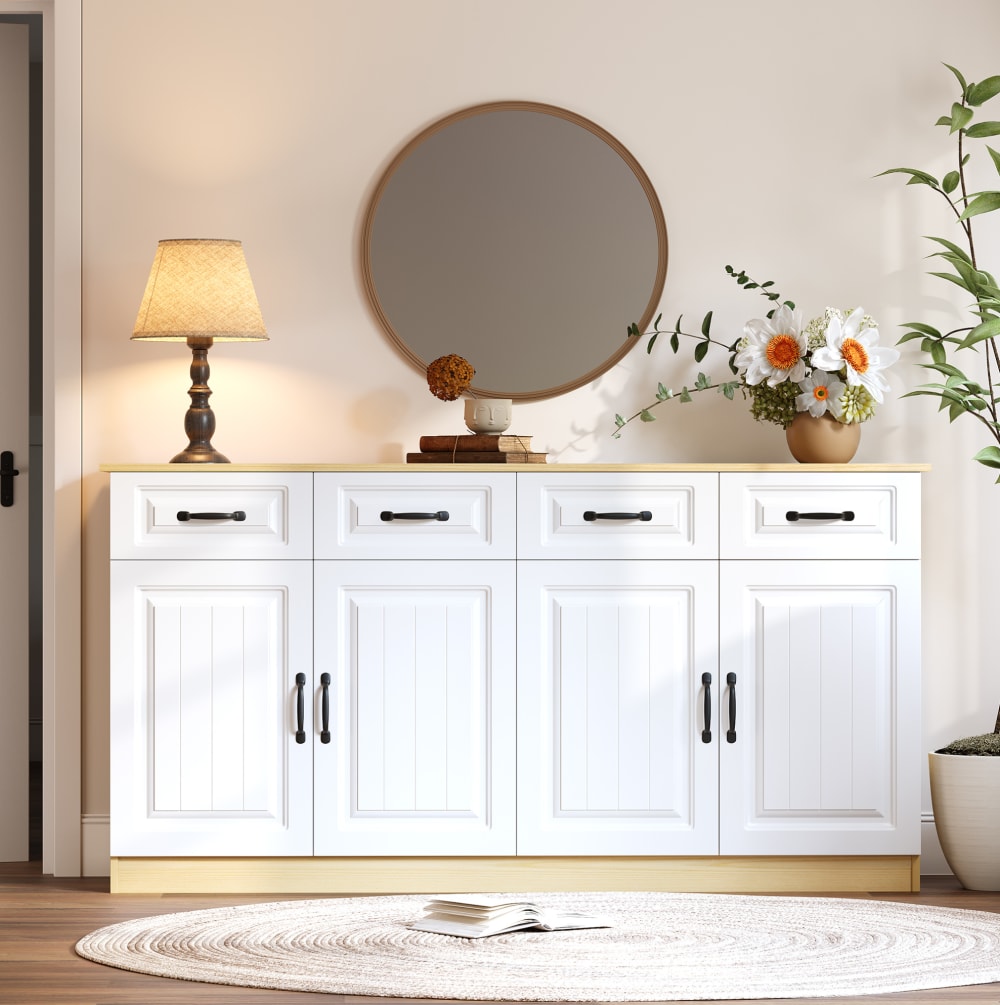 Sideboard aus MDF mit 4 Schubladen 160x35x80 cm, Weiß/Natur -