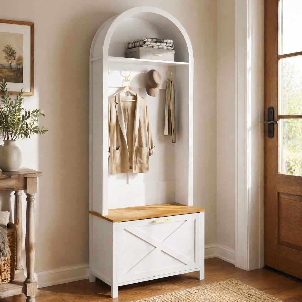 Armoire d'entrée en panneau de particules avec rangement blanc bois