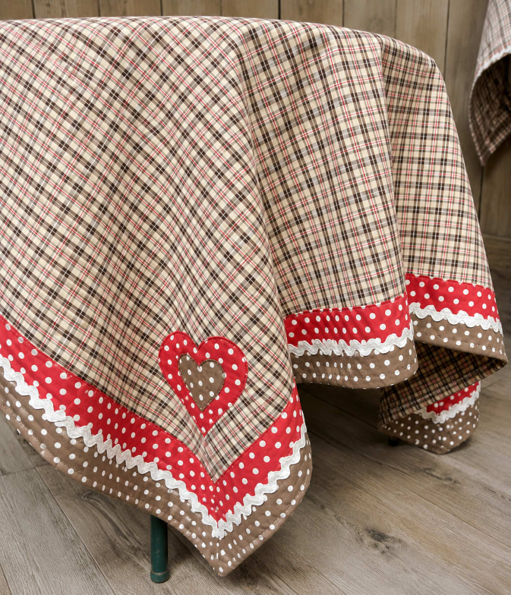 Nappe en tissu à carreaux, pois et cœurs appliqués - 100x100cm - beige
