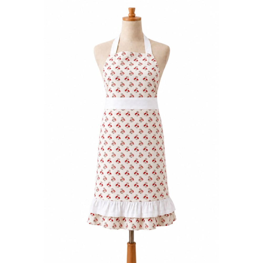Tablier de cuisine à volant en coton imprimé fleurs rose - 70x90cm