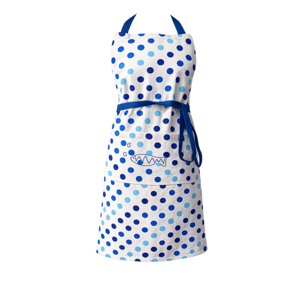 Tablier de cuisine à pois bleus avec poche brodée poisson - 80x90cm