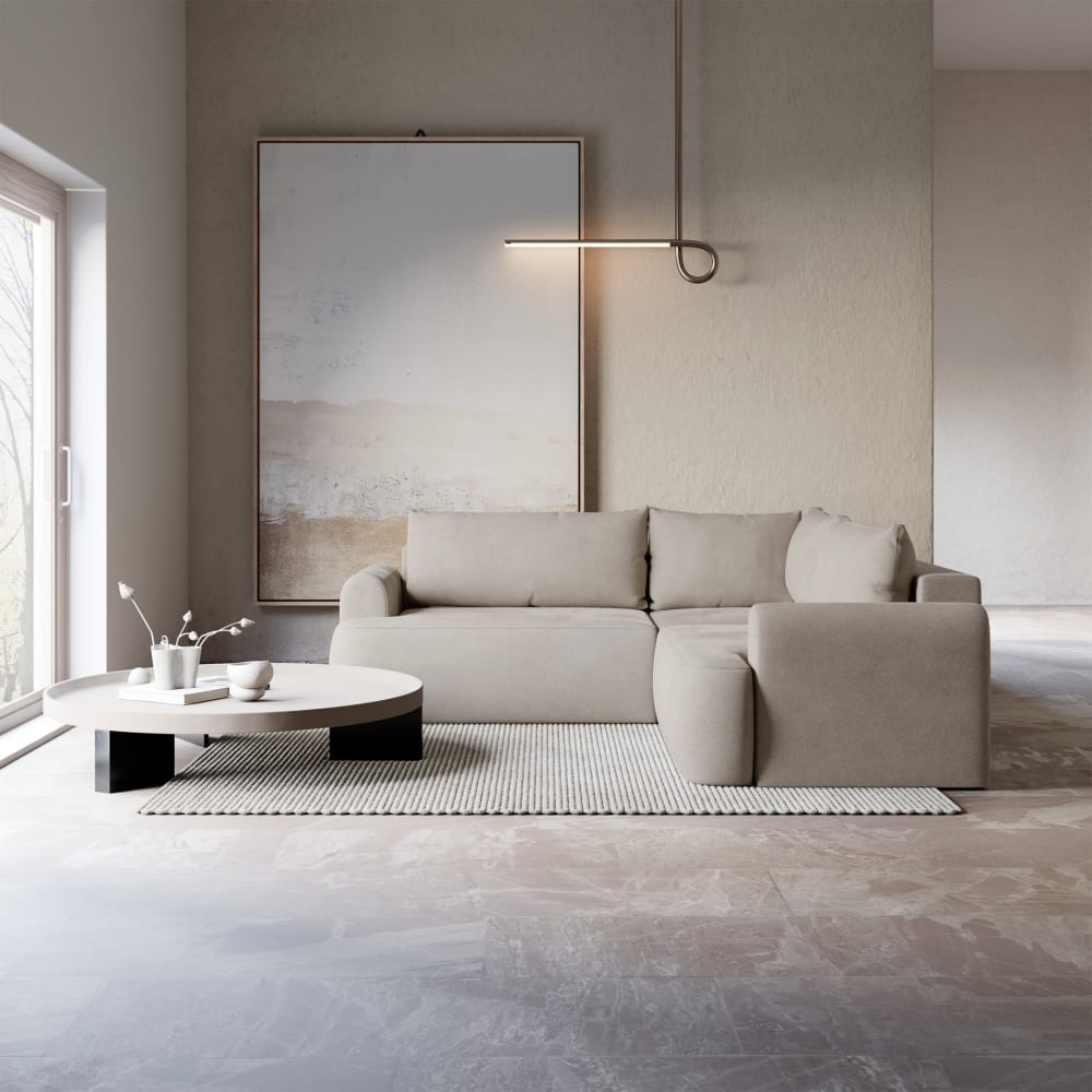 Eckschlafsofa mit Bettkasten, beiger Veloursstoff universell Ovo