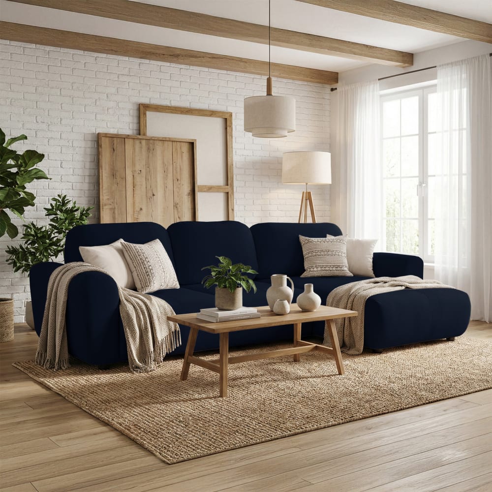 Eckschlafsofa mit Bettkasten, marineblauer Velours - Maisons Du