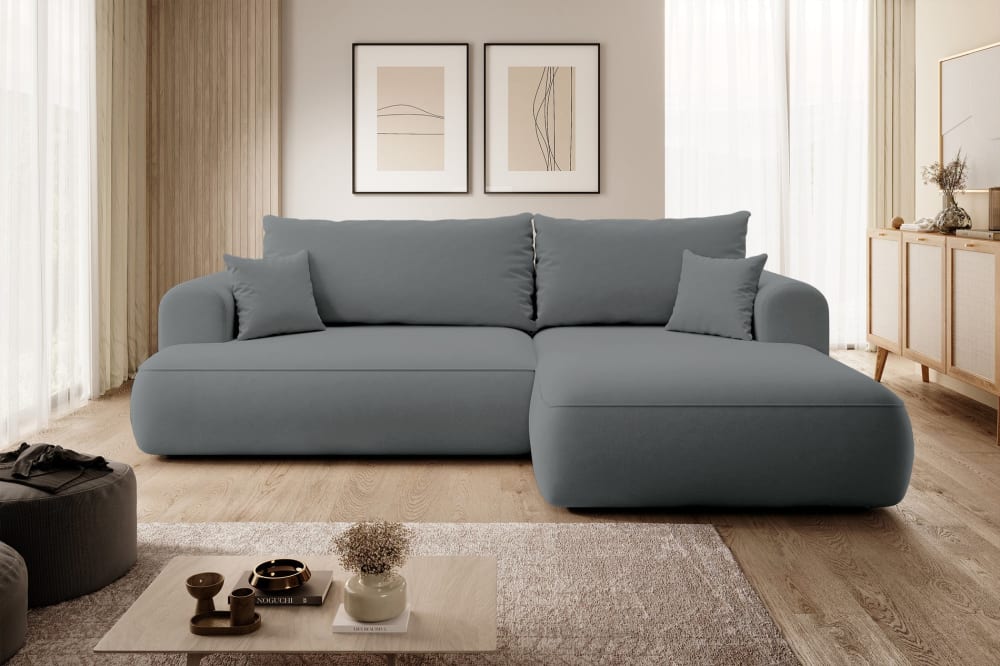 Ecksofa mit Schlaffunktion, Ottomane rechts, Samt Dunkelgrau -