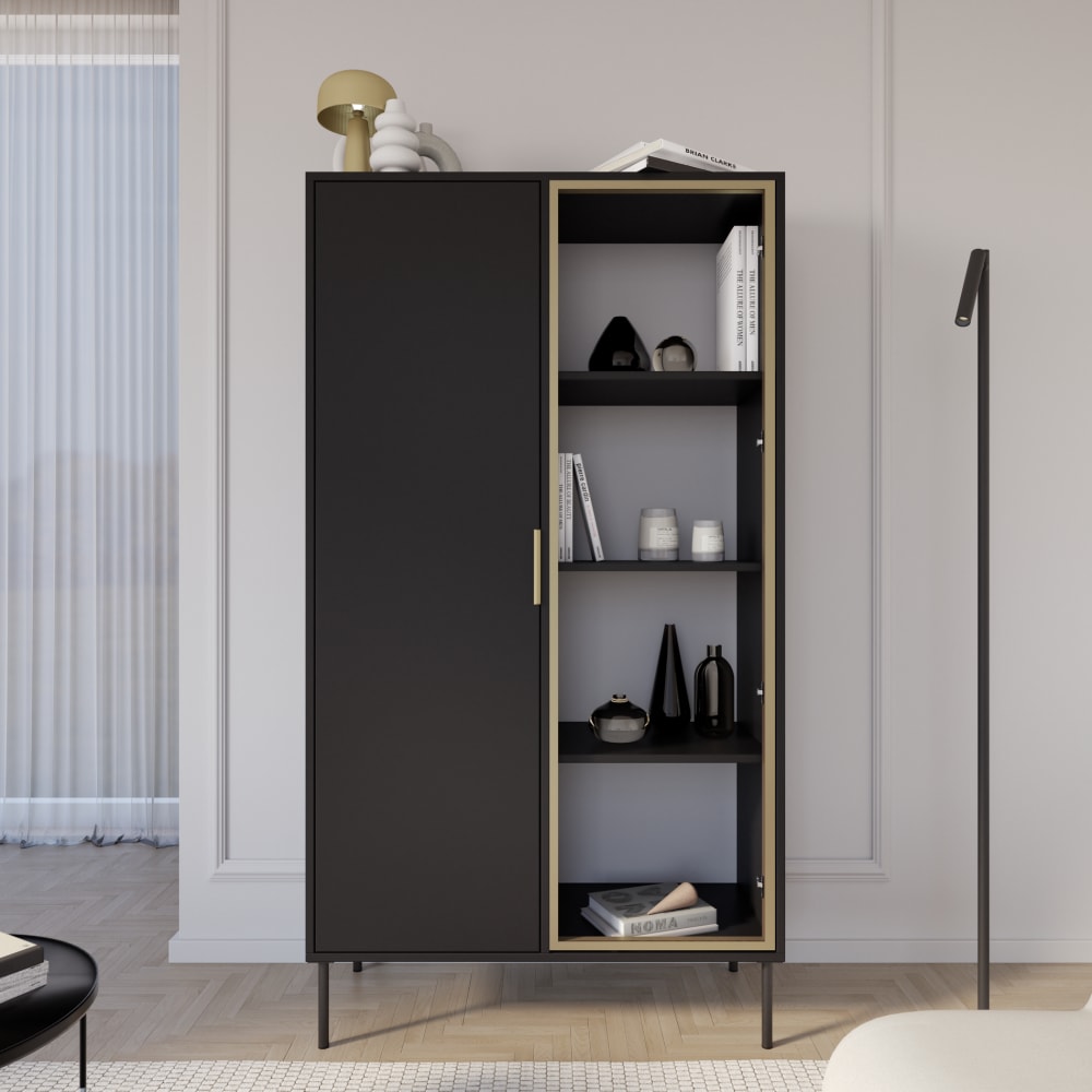 Vitrine zweitürig mit Glasfront, 90 cm, Schwarz - Maisons Du