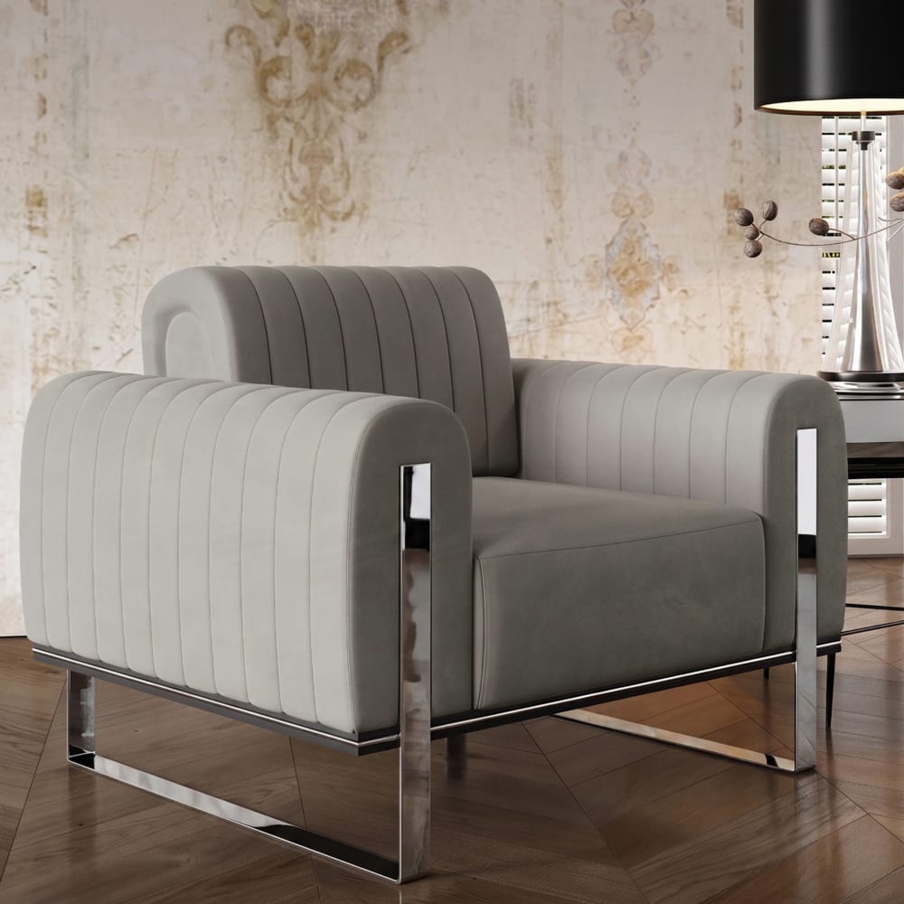 Sessel, 106 cm, Samt Hellgrau verchromte Füße - Maisons Du Monde