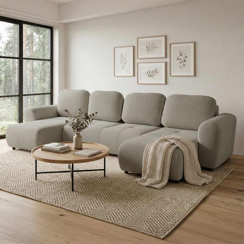 Wohnlandschaft mit Schlaffunktion, U-Form, OLIDO - Beiger Samt -