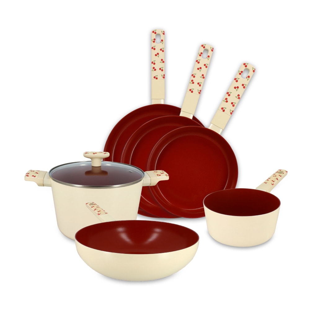 Batterie de cuisine 6 pièces en aluminium et motif cerise rouge