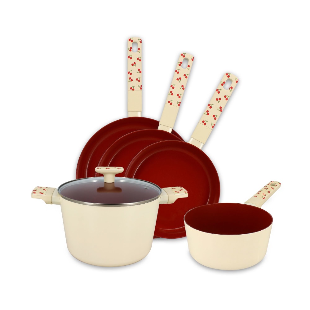 Batterie de cuisine 5 pièces en aluminium et motif cerise rouge
