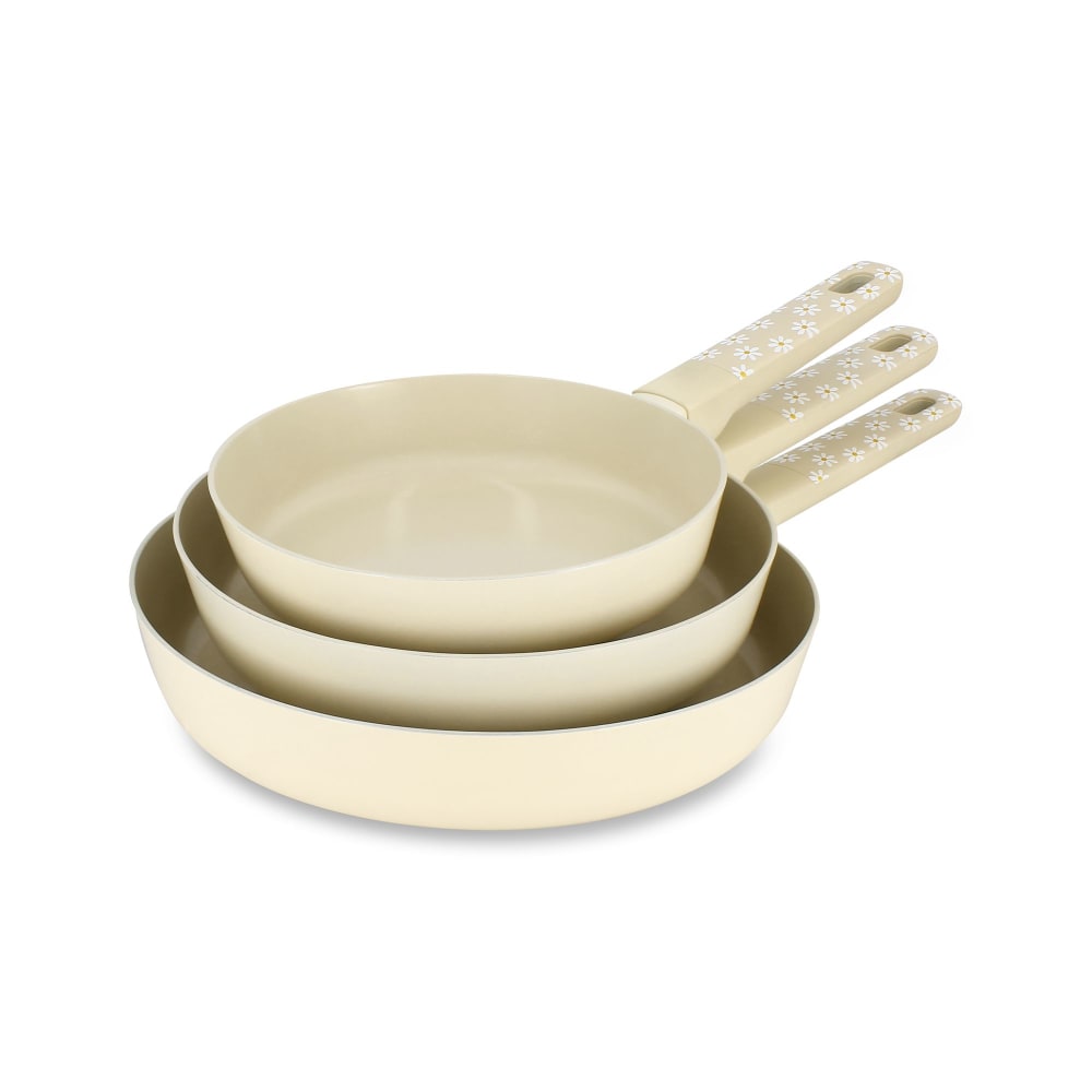 Set de 3 poêles en aluminium et motif marguerite beige