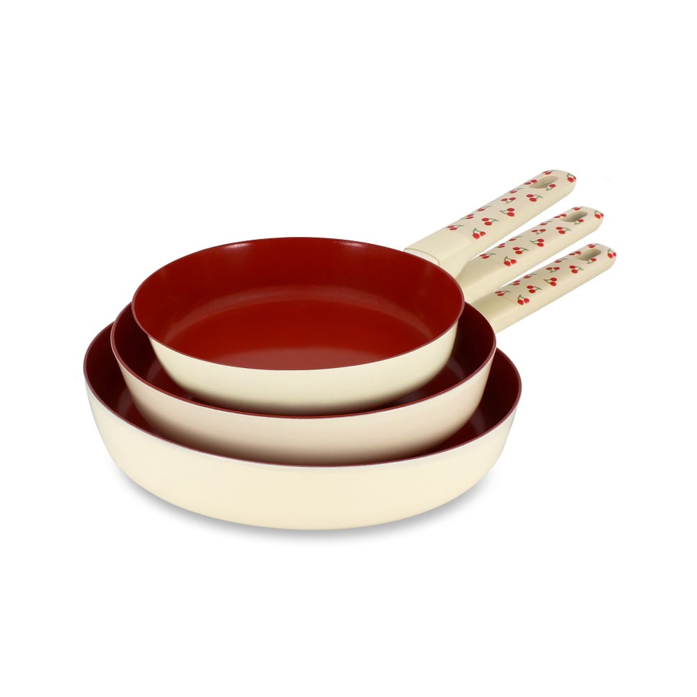 Set de 3 poêles en aluminium et motif cerise rouge