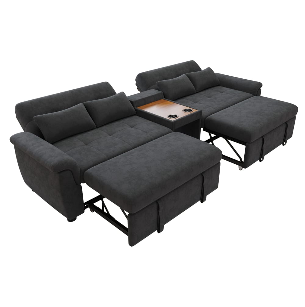 Canapé convertible en chenille avec 2 porte-verres gris 284x138 cm