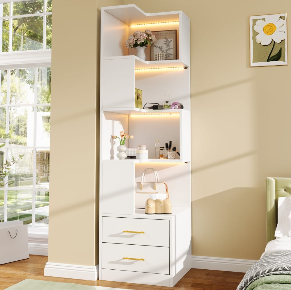 Eckregal aus Spanplatte mit LED und 2 Schubladen 165x45x45 cm,