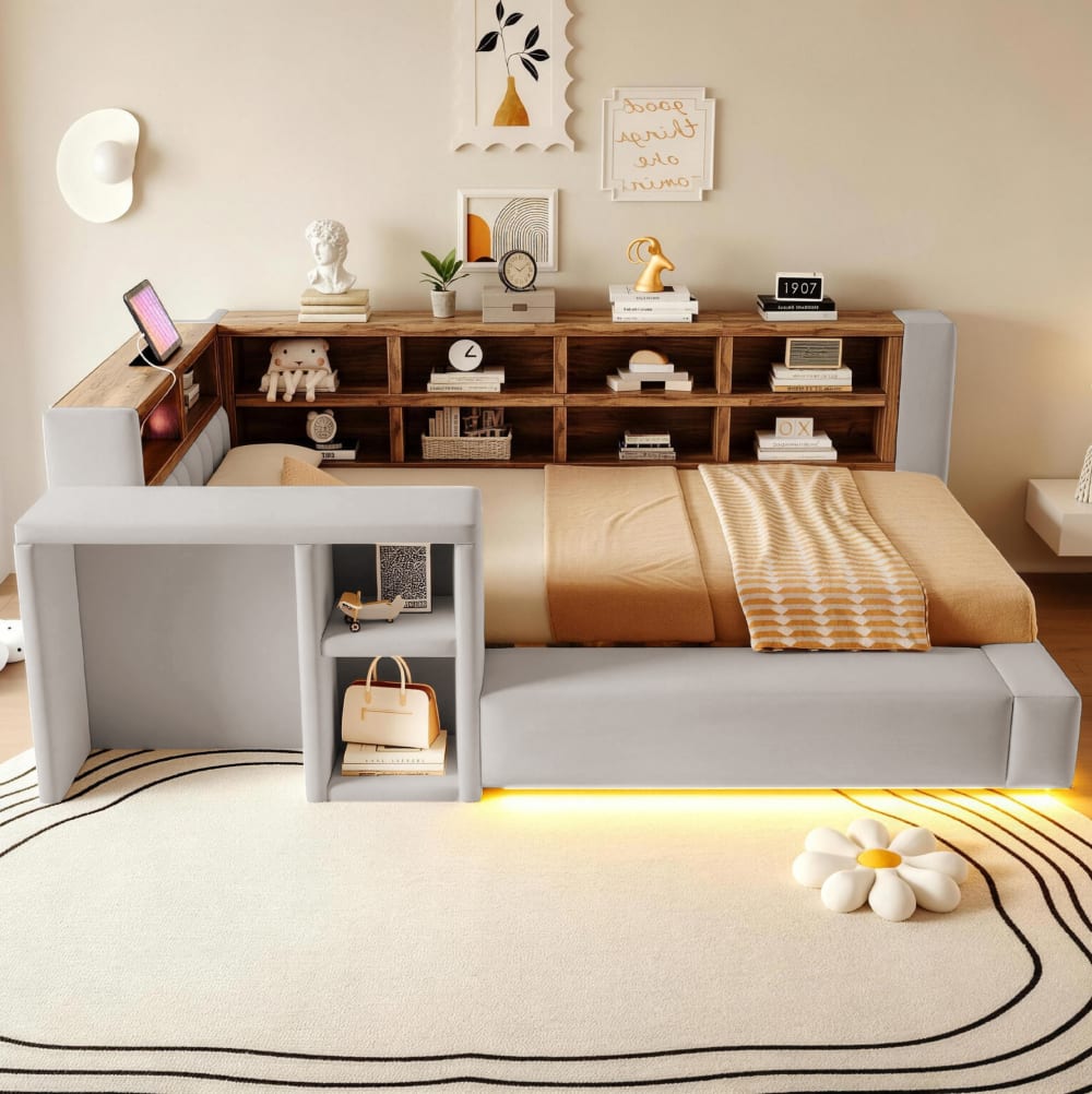 Polsterbett aus Samtstoff mit Stauraum und LED 90x200 cm,