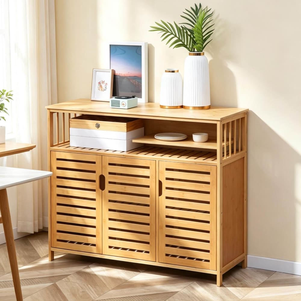 Sideboard aus Bambus mit offenem Regal und Türen 100x35x82 cm,