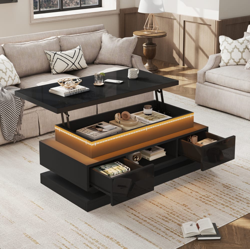 Couchtisch aus Spanplatte mit LED und Stauraum 100x50x40 cm,