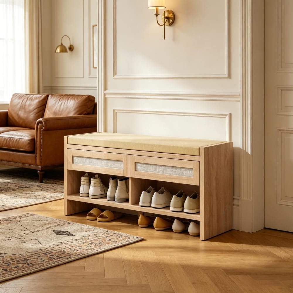 Schuhbank aus Polyethylen Rattanoptik hellbraun 108 cm - Maisons