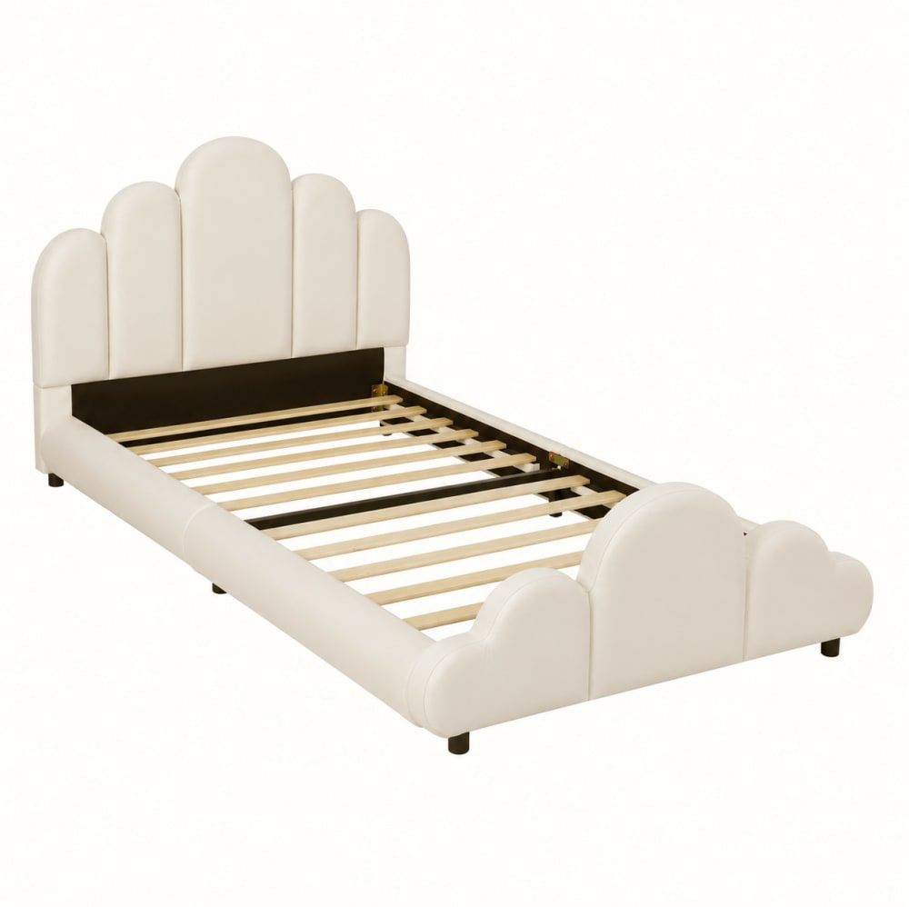 Lit enfant en velours polyester beige 90x200 cm avec tête rembourrée