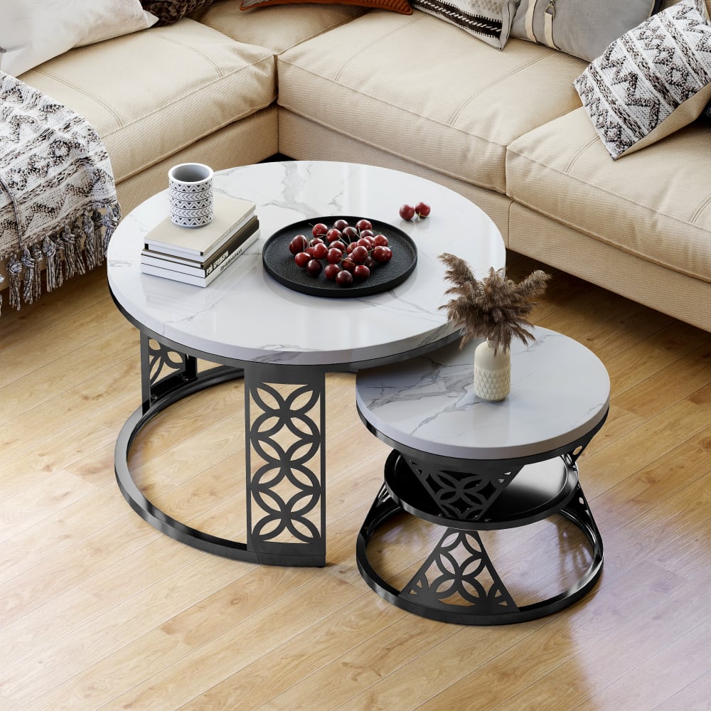 2er Set Couchtische rund, Glasplatte,  weiß und schwarz - Maisons