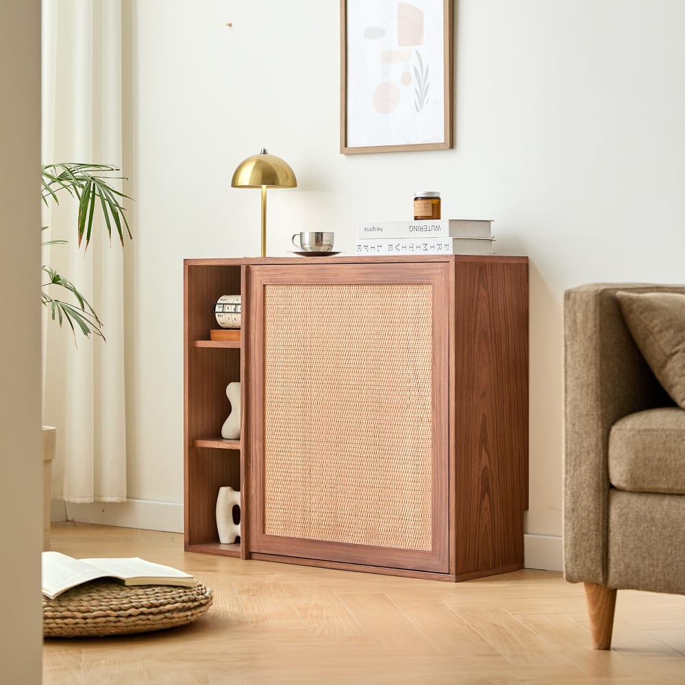 Nordlys Aufbewahrungsschrank mit Schreibtischplatte aus Holz und Rattan Braun Holz