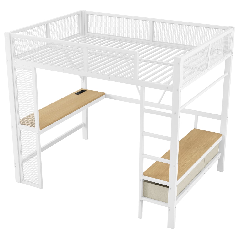 ComfortXL Kinderhochbett mit Schreibtisch Stauraum aus Eisen Schwarz 90x190 cm WEISS STAHL Baby