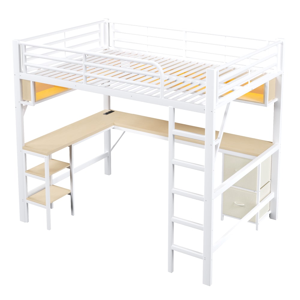 ComfortXL Gaming Hochbett mit Tisch Stauraum led aus Eisen Weiß 140x200 cm WEISS STAHL Baby