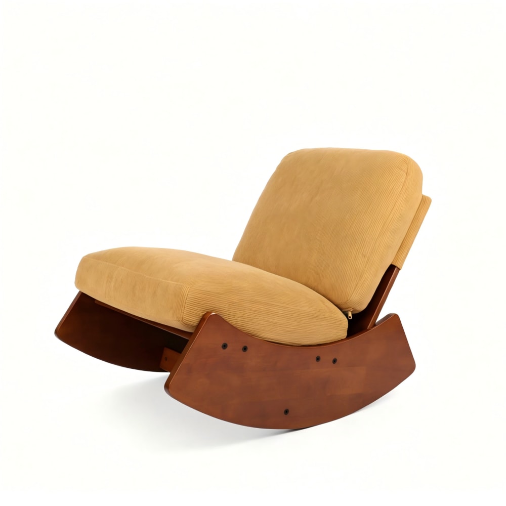 Fauteuil à bascule rétro en corduroy jaune, cadre en bois massif Fauteuil à bascule rétro en corduroy jaune, cadre en bois massif