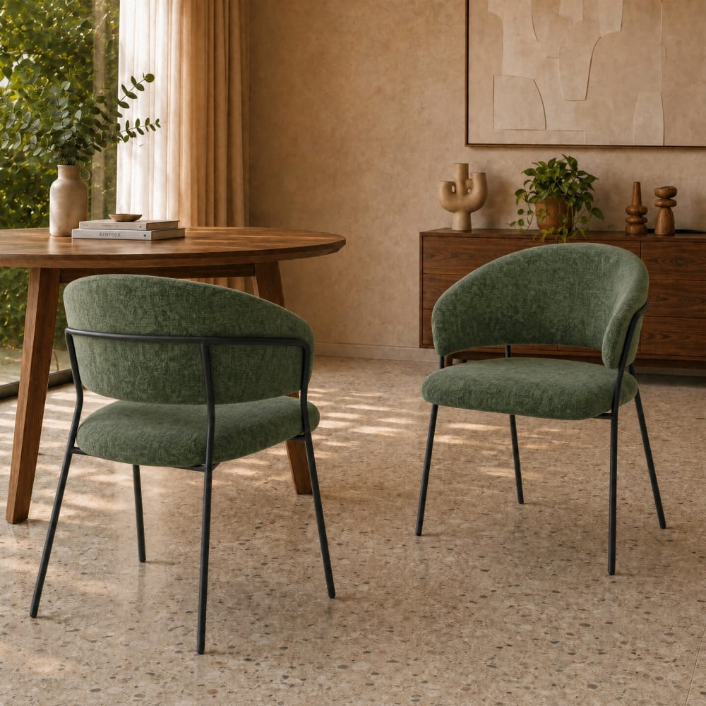 Set aus 2 Stühlen mit Tannengrünem Stoff und schwarzen
