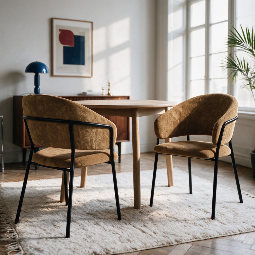 Lot de 2 chaises en tissu caramel et pieds en métal noir