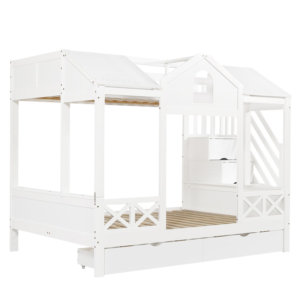 Lit superposé enfant en pin blanc fenêtres rangement 90x200/140x200cm Lit superposé enfant en pin blanc fenêtres rangement 90x200/140x200cm