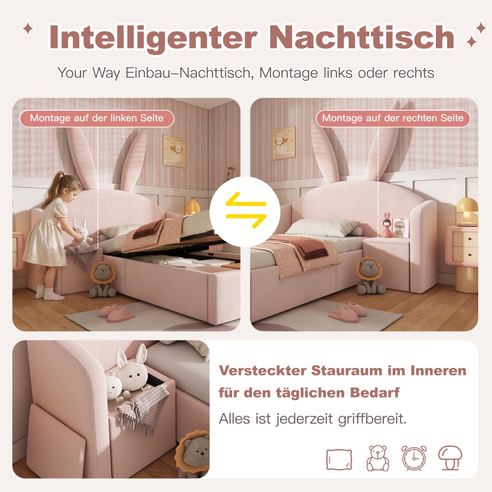 Lit d'enfant en velours de polyester rose 90x190 cm
