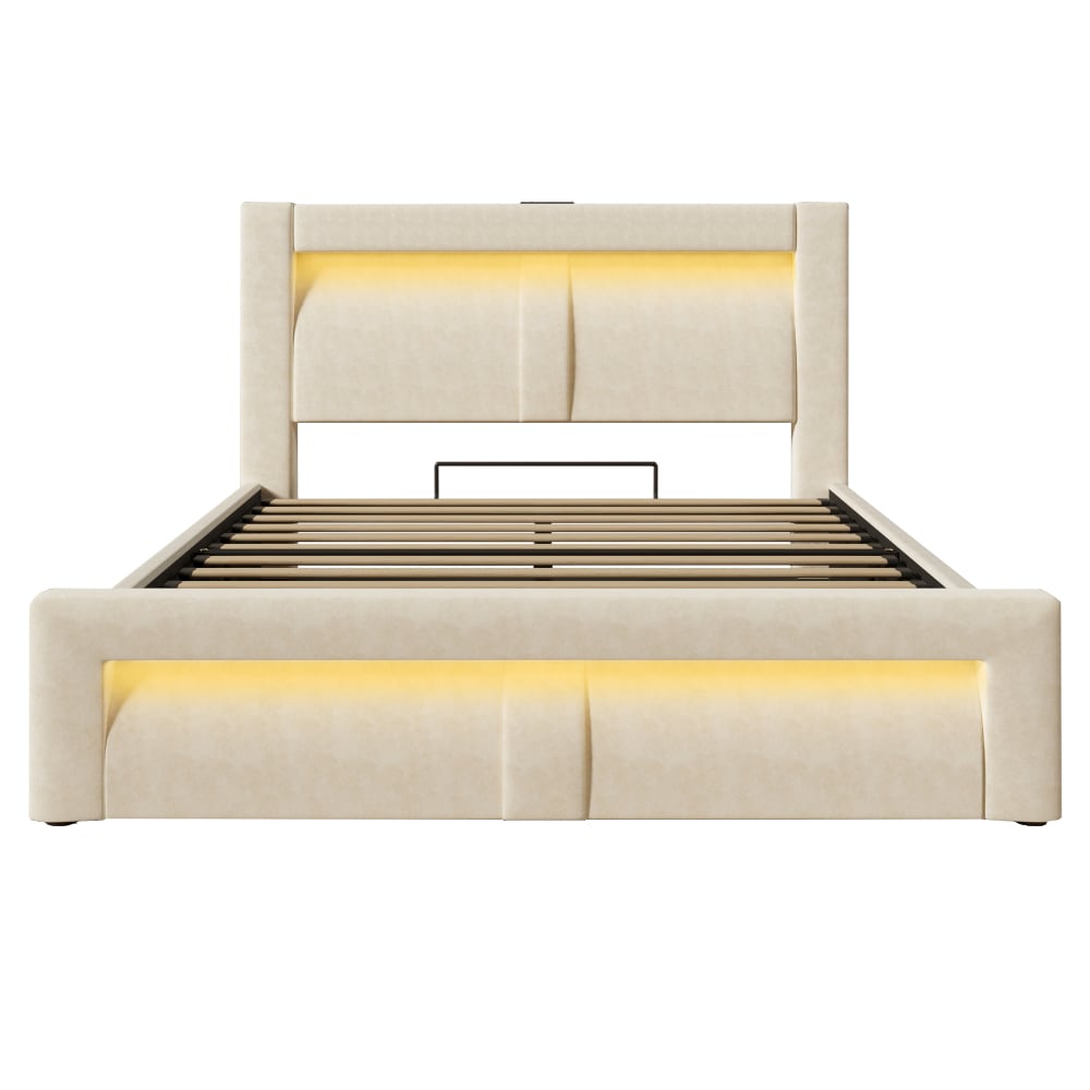 Lit double en velours de polyester beige 160x200 cm Lit double en velours de polyester beige 160x200 cm