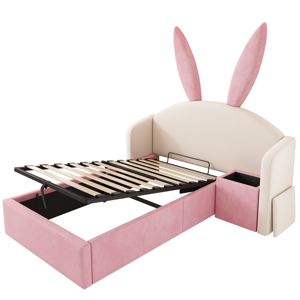 Lit enfant en velours de polyester beige et rose 90x200 cm Lit enfant en velours de polyester beige et rose 90x200 cm