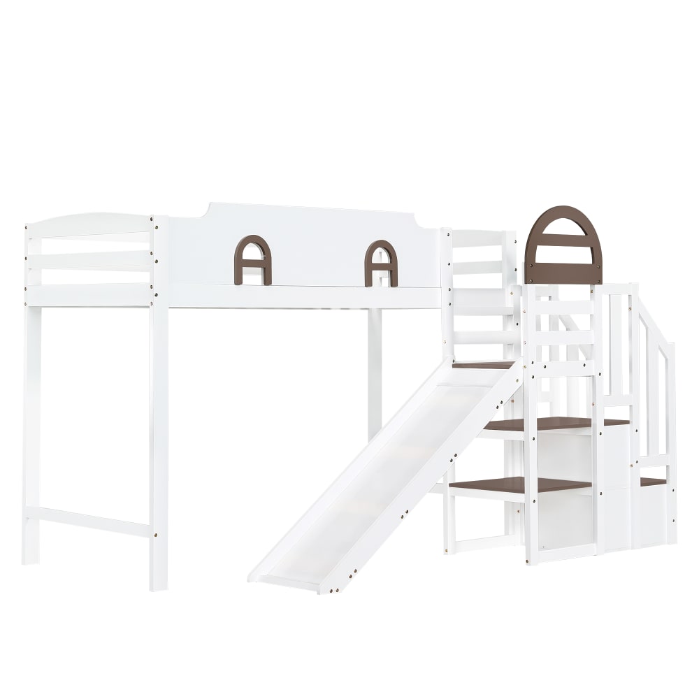 Lit superposé enfant pin blanc toboggan escalier 90x200cm Lit superposé enfant pin blanc toboggan escalier 90x200cm
