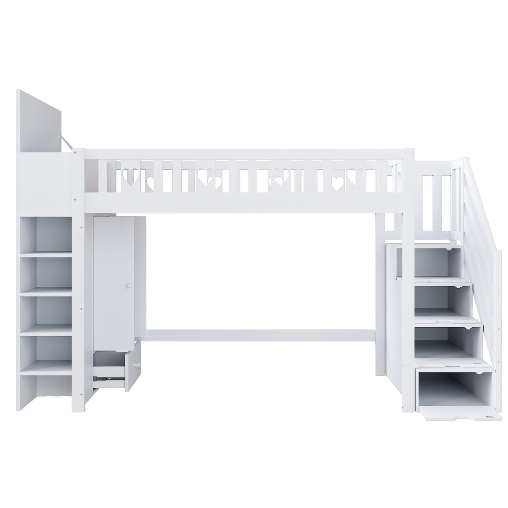 Lit cabane jeu en pin blanc échelle rangement barrière cœur 90x200cm