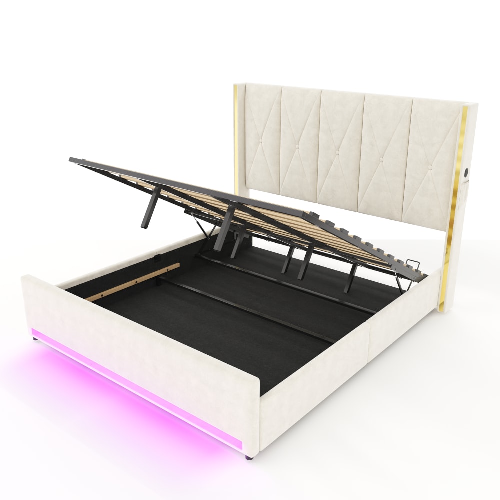 Lit en velours de polyester beige 180x200cm
