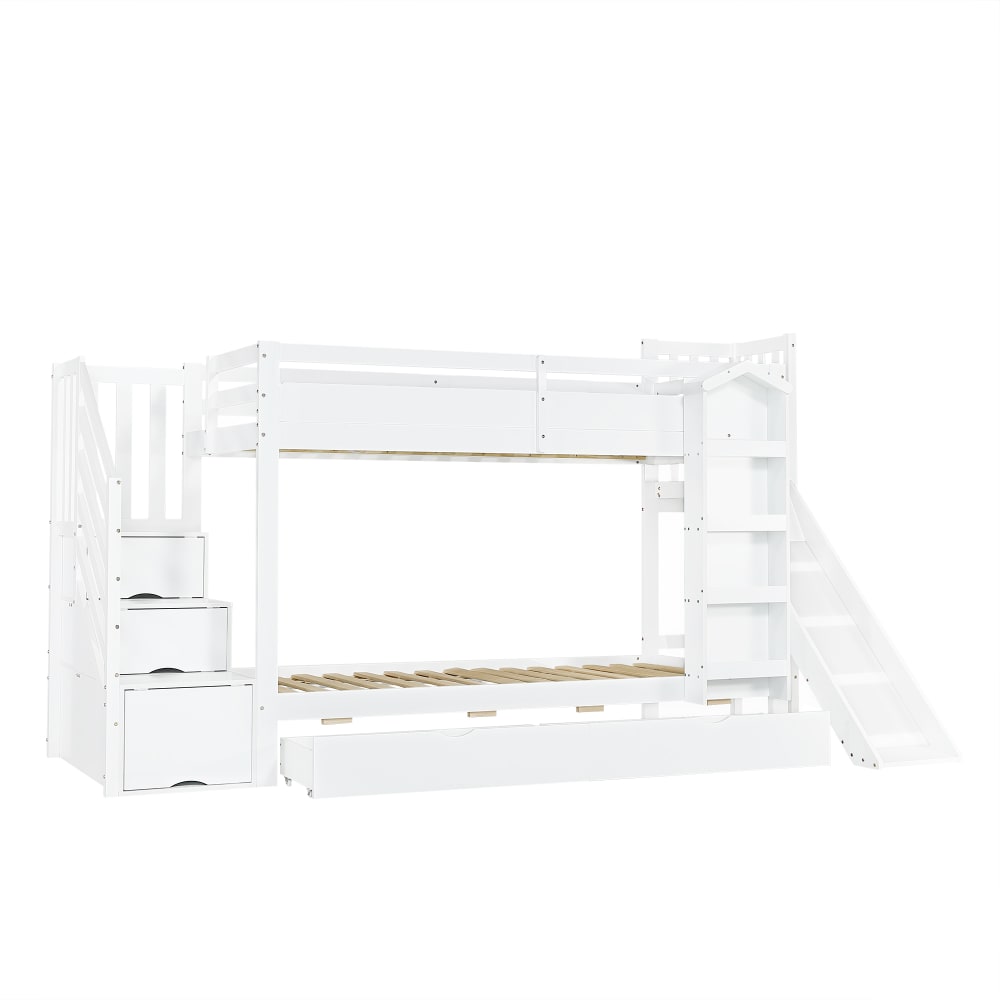 Lit superposé enfant pin blanc toboggan rangement 90x200cm Lit superposé enfant pin blanc toboggan rangement 90x200cm