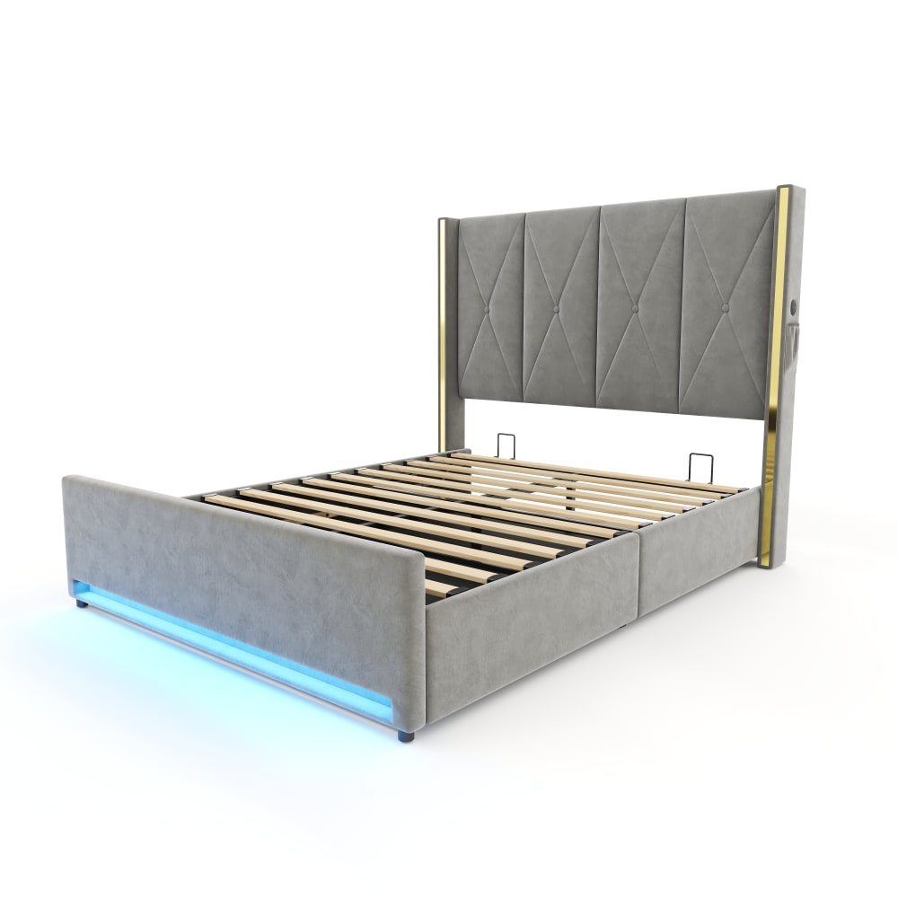 Lit en velours de polyester beige 160x200cm