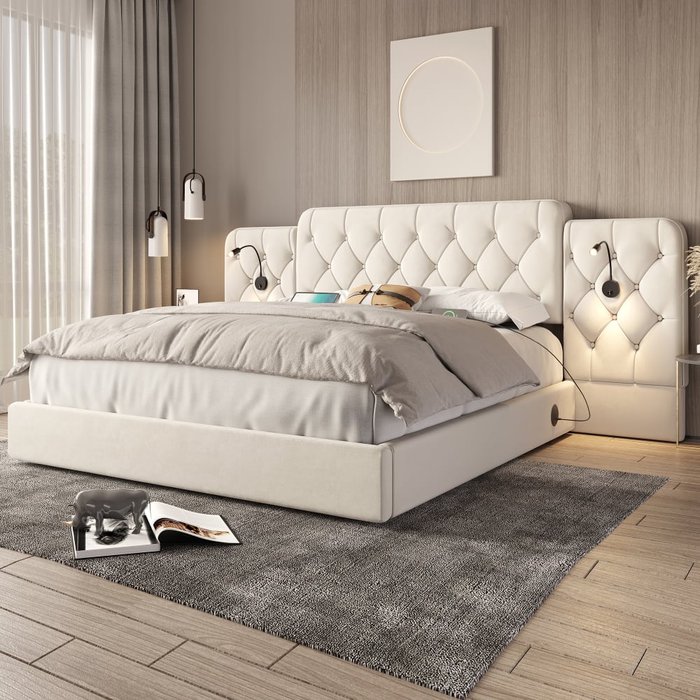 Lit coffre en velours de polyester beige 160x200cm