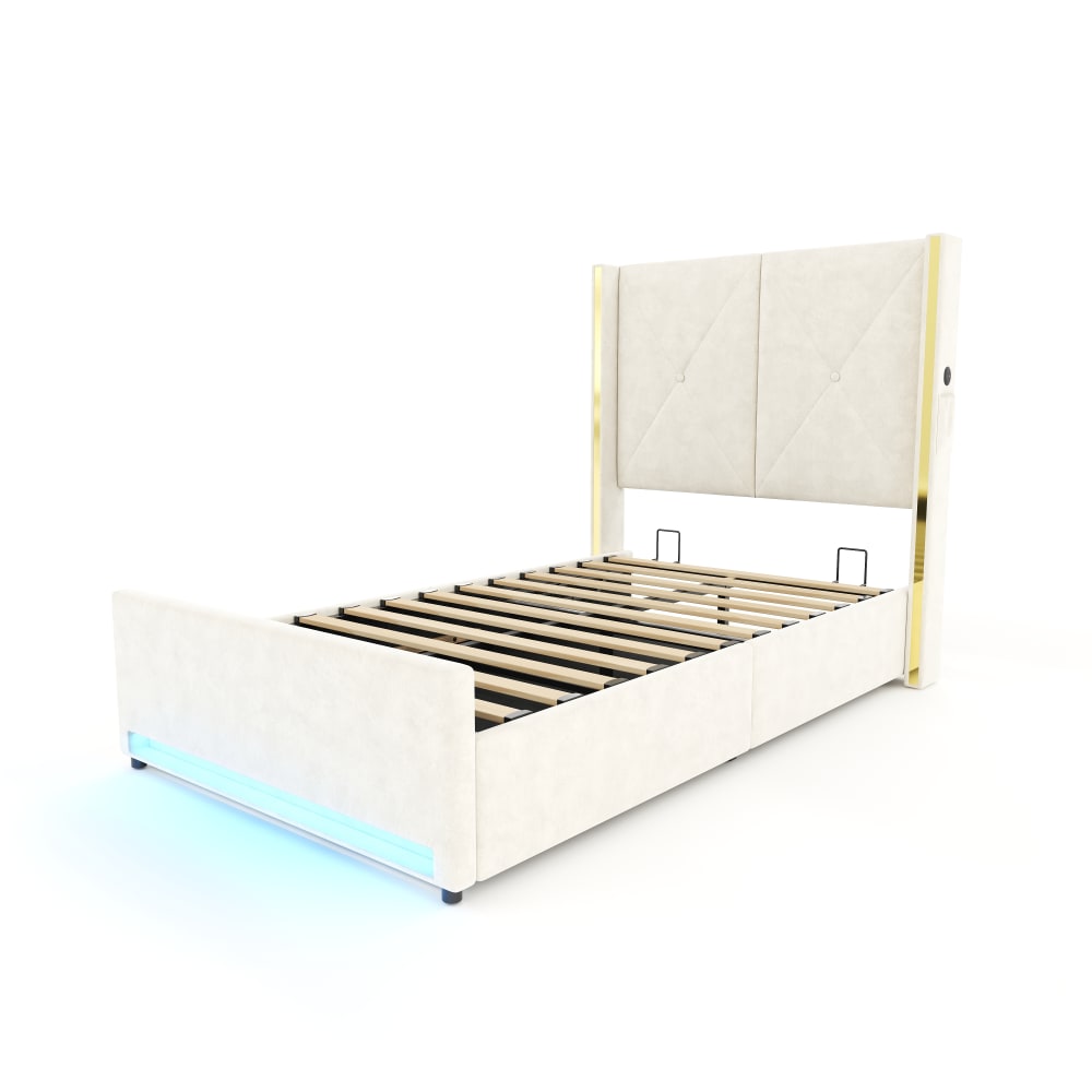 Lit en velours de polyester beige 90x200cm