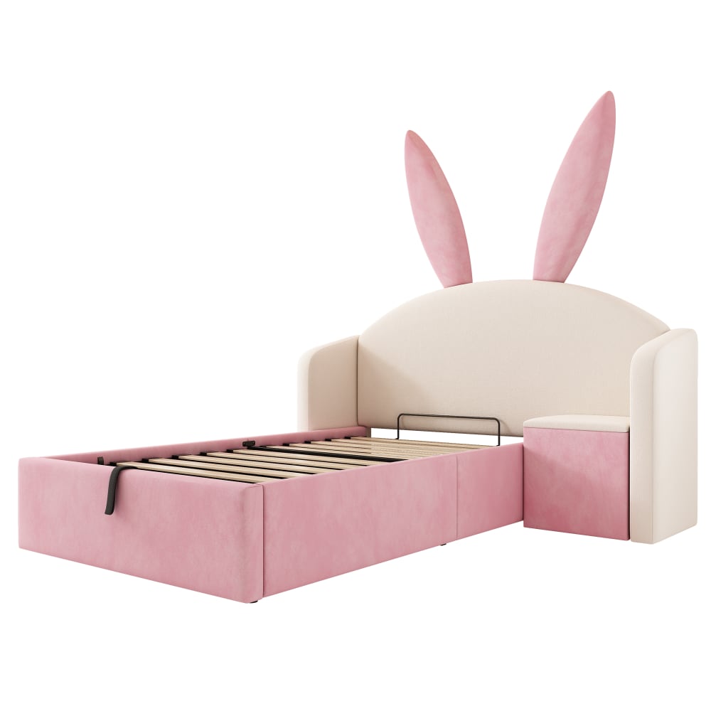 Lit enfant en velours de polyester beige et rose 90x190 cm Lit enfant en velours de polyester beige et rose 90x190 cm
