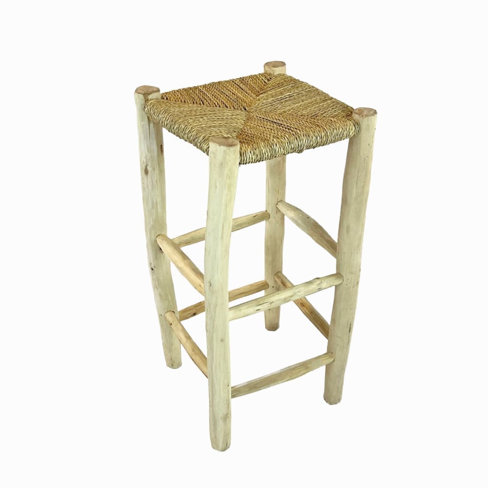Tabouret haut avec assise en fibre naturelle et pieds en bois 75cm