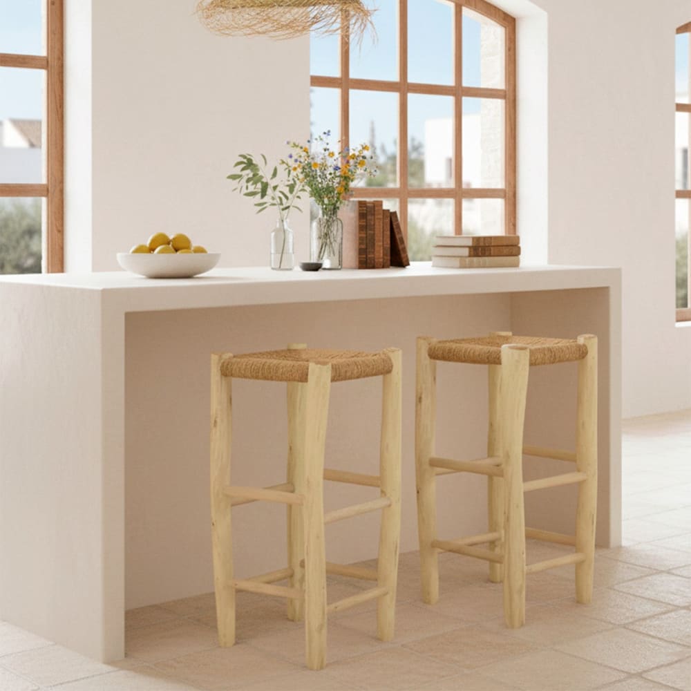 Tabouret haut avec assise en fibre naturelle et pieds en bois 75cm